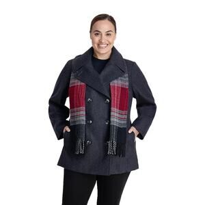 London Fog Black Peacoat with Red and Gray Scarf